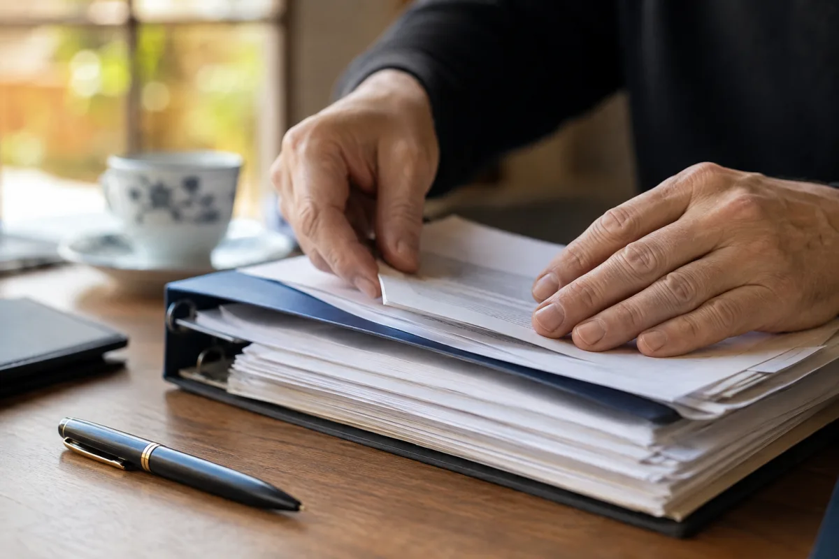 Démarche auprès du notaire après un décès : le guide sans jargon Main tenant un stylo pour signer un acte de notoriété sur un document officiel