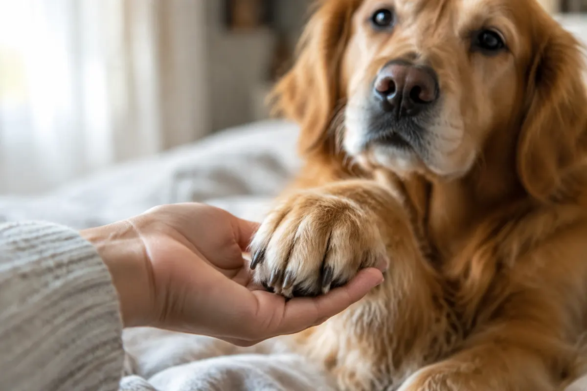 Main pos&eacute;e doucement sur la patte d'un vieux chien &eacute;tendu sur son tapis